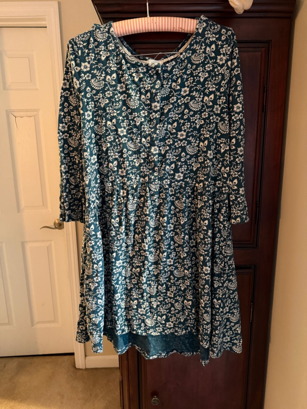 Fat Face Teal and White Floral Long-Sleeve Dress